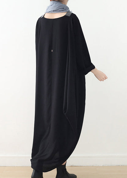 Frauen Schwarz V-Ausschnitt Asymmetrische Low High Design Button Maxikleid Herbst