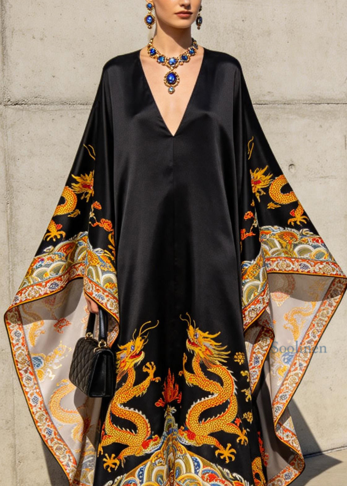 Women Black V Neck Oriental Print Chiffon Robe Dresses Batwing Sleeve