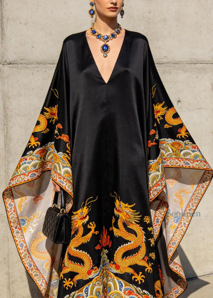 Women Black V Neck Oriental Print Chiffon Robe Dresses Batwing Sleeve
