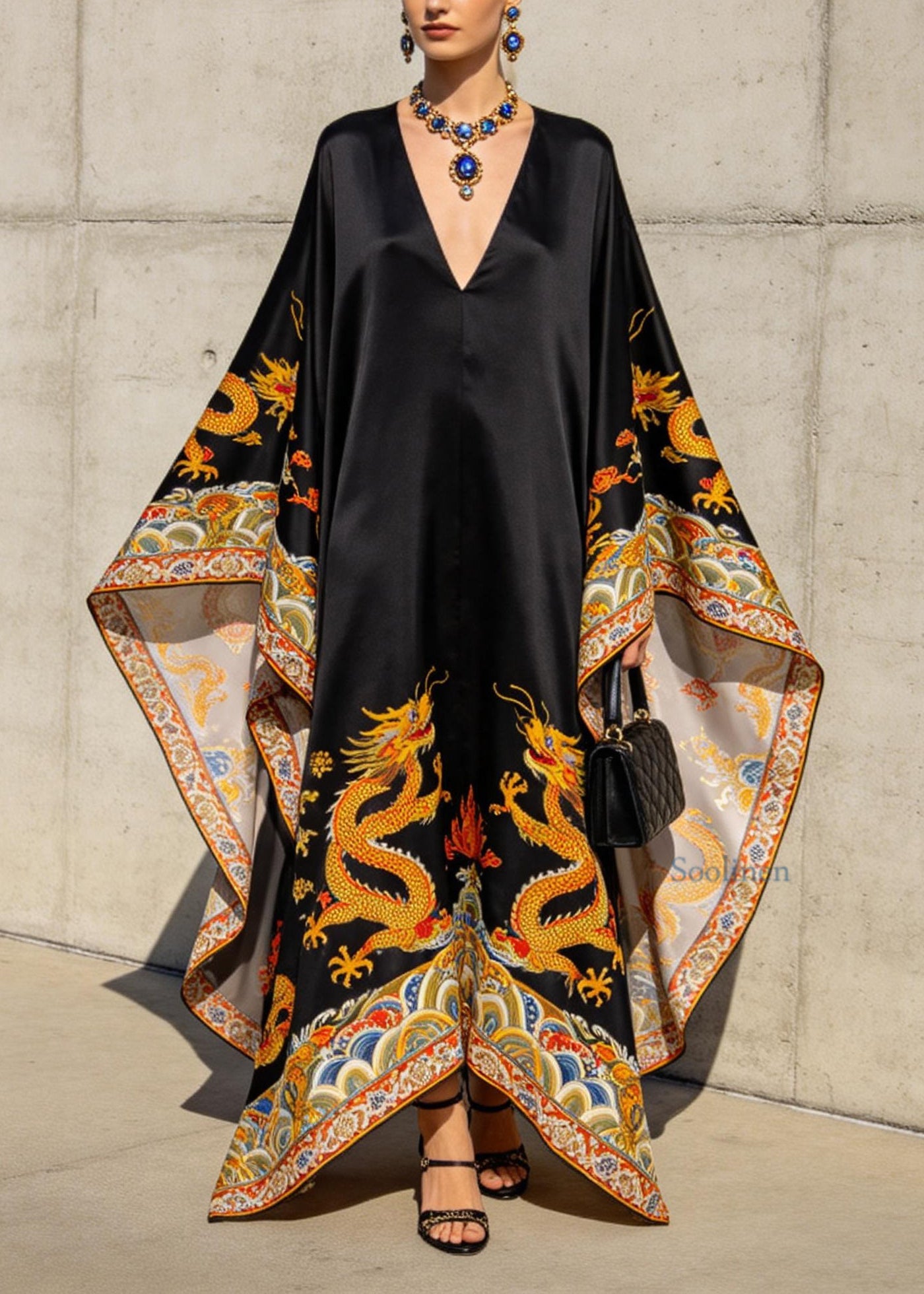 Women Black V Neck Oriental Print Chiffon Robe Dresses Batwing Sleeve