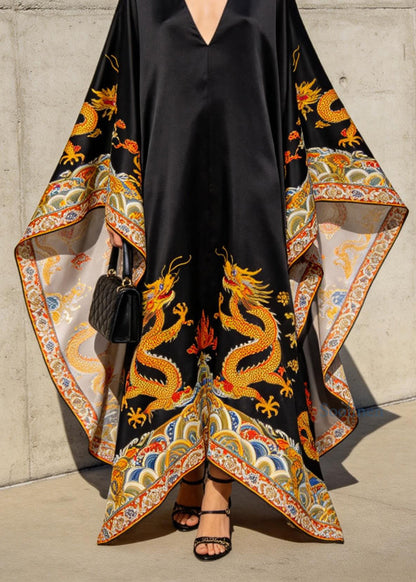 Women Black V Neck Oriental Print Chiffon Robe Dresses Batwing Sleeve