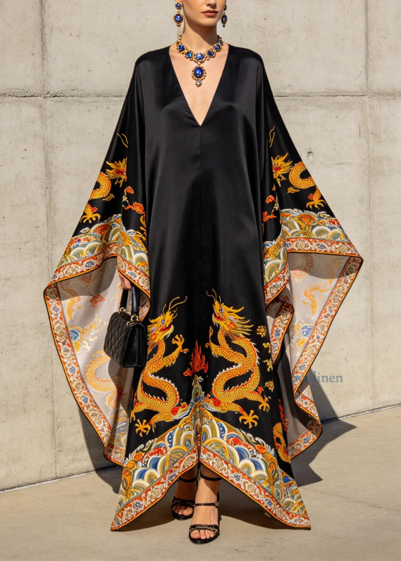 Women Black V Neck Oriental Print Chiffon Robe Dresses Batwing Sleeve
