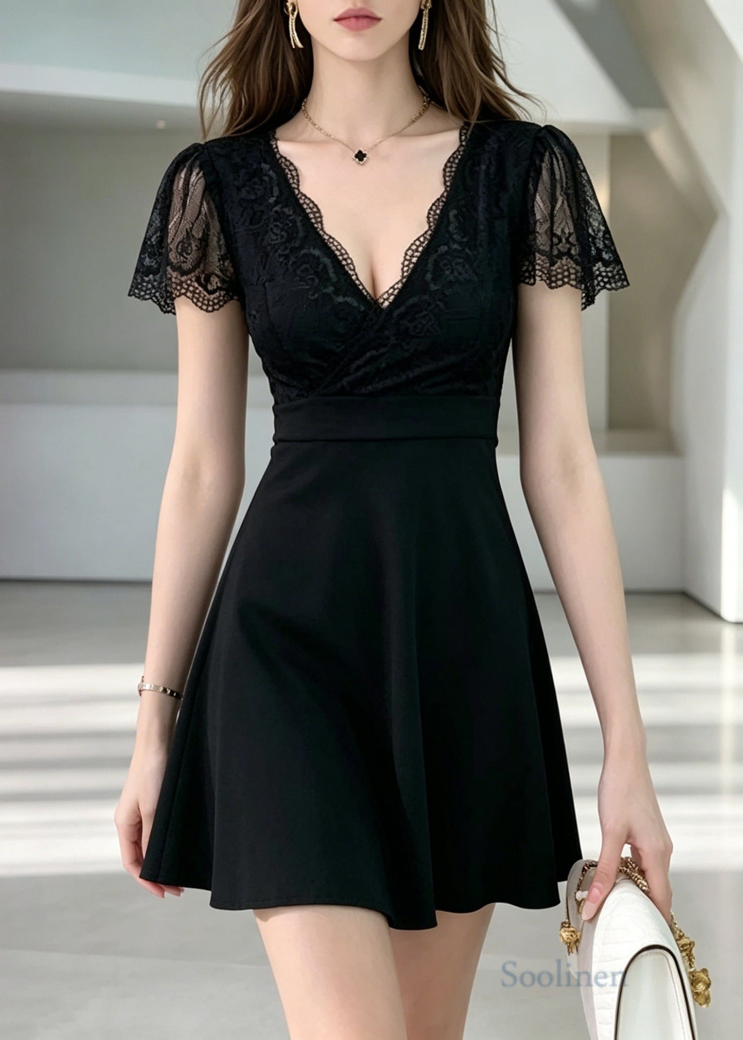 Women Black V Neck Patchwork Lace Day Dress Summer