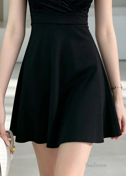 Women Black V Neck Patchwork Lace Day Dress Summer
