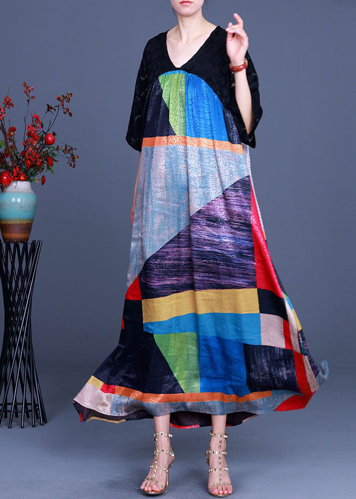 Frauen Schwarz V-Ausschnitt Patchwork Langes Kleid Halbarm