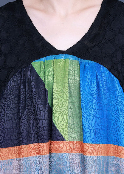 Frauen Schwarz V-Ausschnitt Patchwork Langes Kleid Halbarm