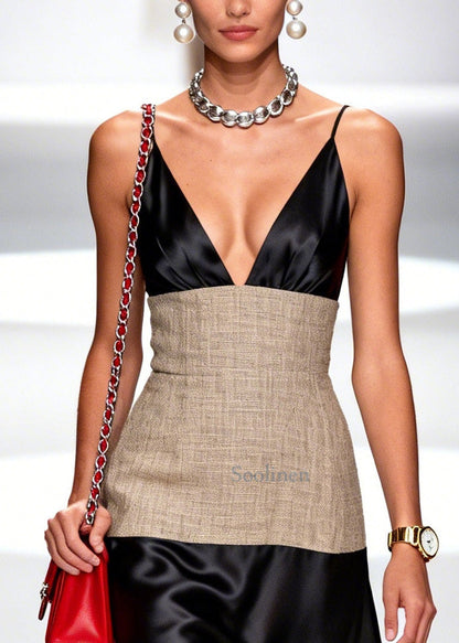 Women Black V Neck Patchwork Silk Spaghetti Strap Dress Summer