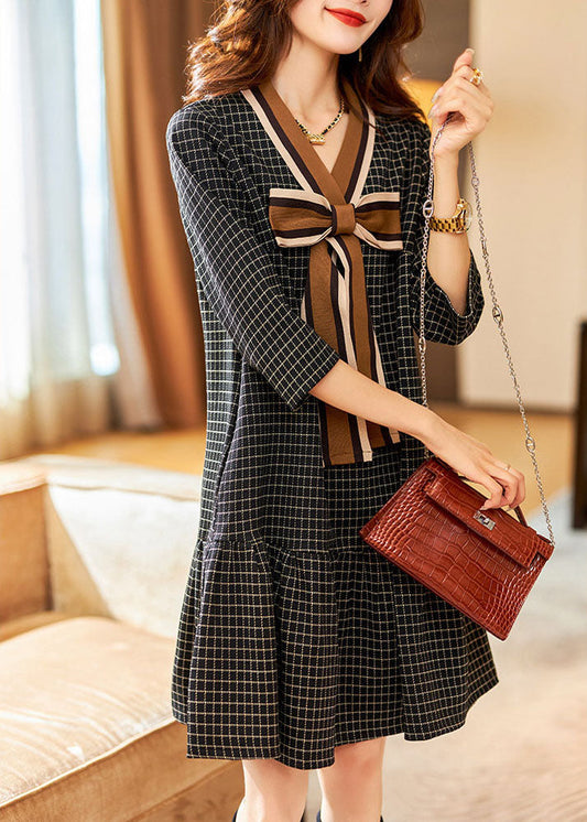 Frauen Schwarz V-ausschnitt Plaid Bogen Kleider Frühling