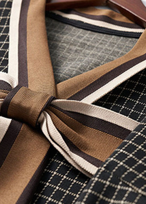 Frauen Schwarz V-ausschnitt Plaid Bogen Kleider Frühling