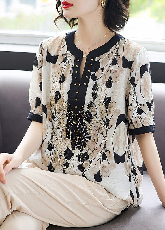 Women Black V Neck Print Rivet Chiffon Tops Summer
