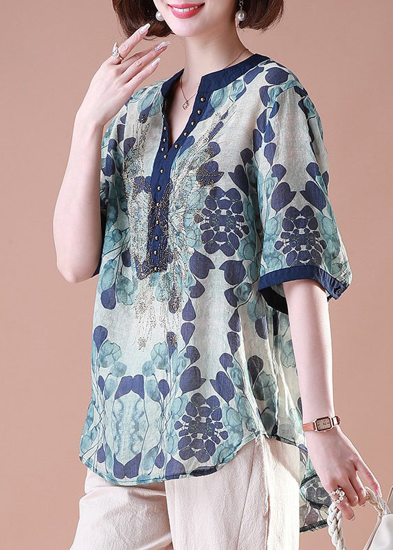 Women Black V Neck Print Rivet Chiffon Tops Summer