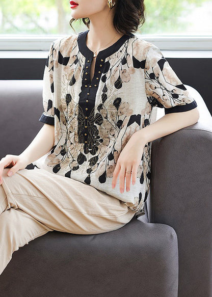 Women Black V Neck Print Rivet Chiffon Tops Summer