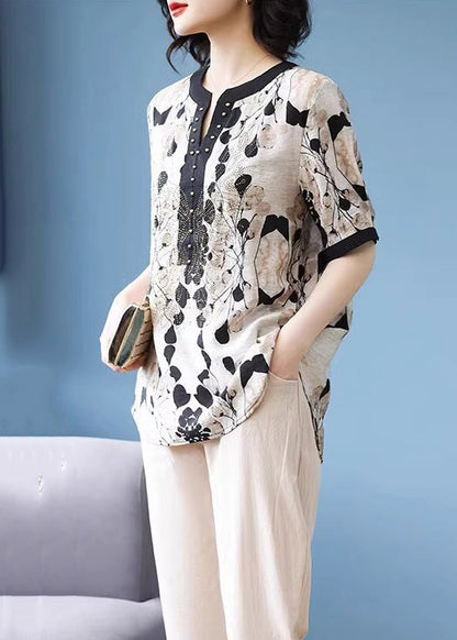 Women Black V Neck Print Rivet Chiffon Tops Summer