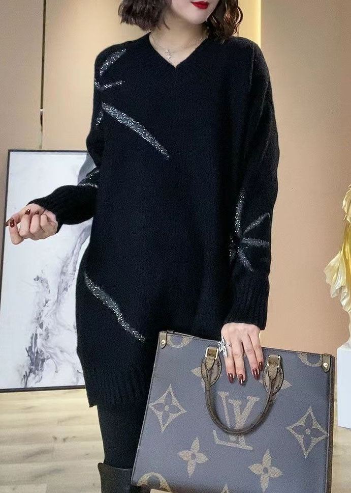 Frauen Schwarz V-ausschnitt Pailletten Übergroßen Langen Stricken Kleid