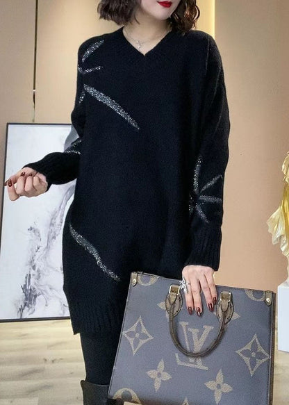 Frauen Schwarz V-ausschnitt Pailletten Übergroßen Langen Stricken Kleid