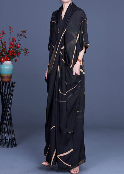 Schwarzes Chiffonkleid mit V-Ausschnitt und halben Ärmeln für Damen