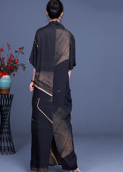 Schwarzes Chiffonkleid mit V-Ausschnitt und halben Ärmeln für Damen