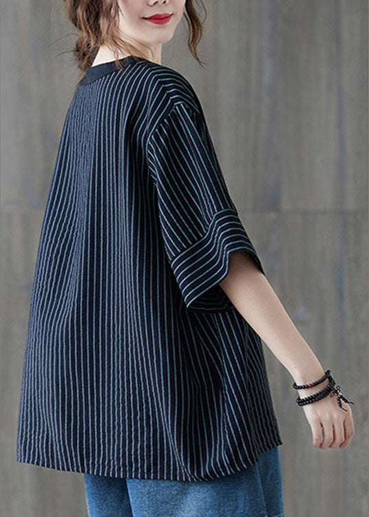 Damen Bluse mit V-Ausschnitt, gestreift, Baumwolle, Schwarz, Halbarm