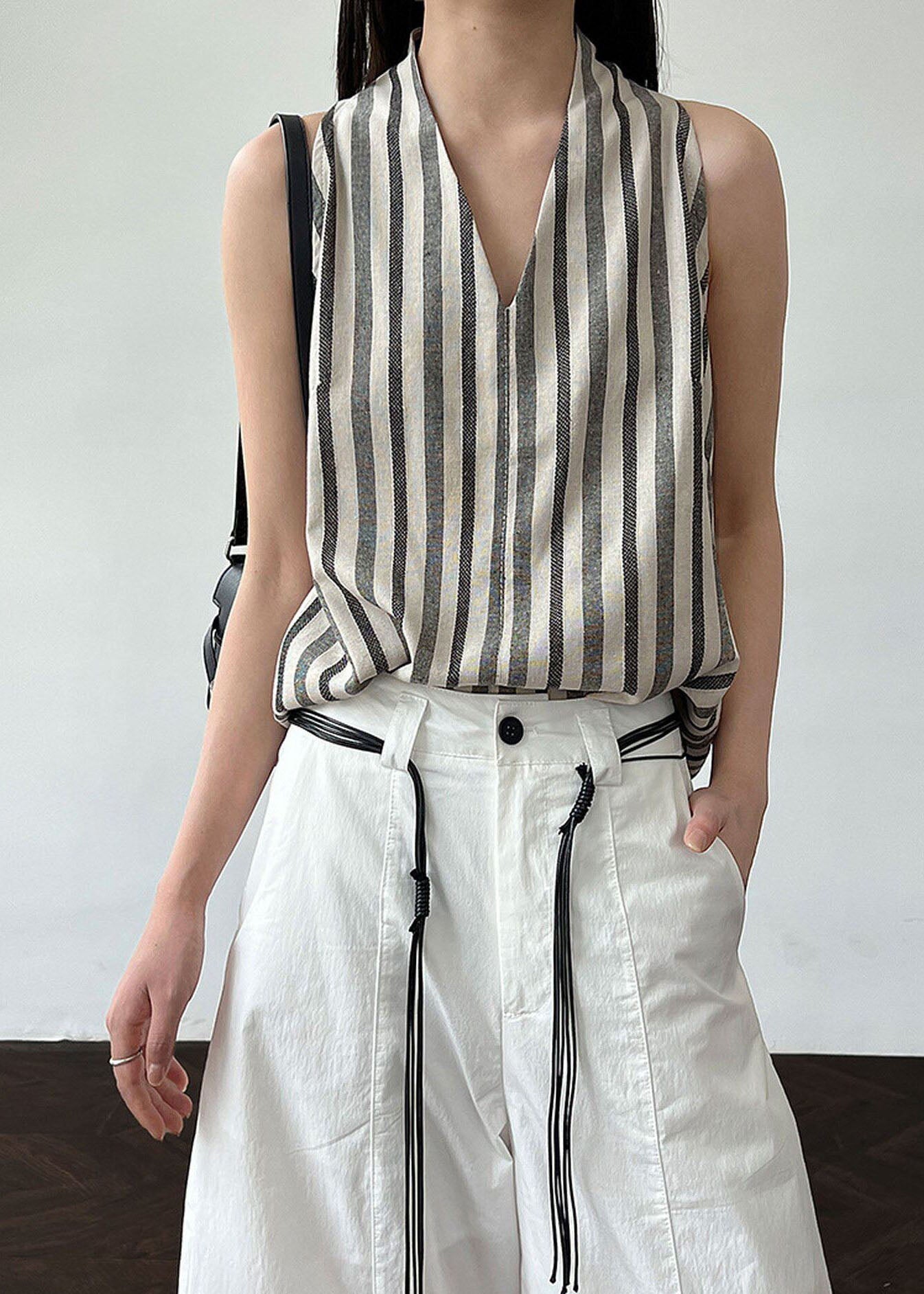 Women Black V Neck Striped Cotton Top Sleeveless