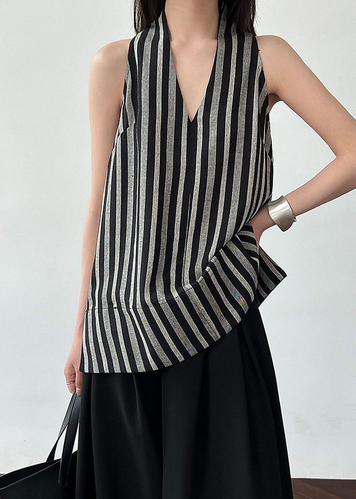 Women Black V Neck Striped Cotton Top Sleeveless