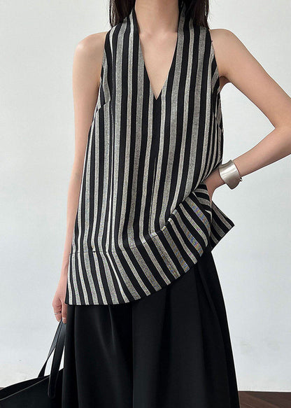 Women Black V Neck Striped Cotton Top Sleeveless