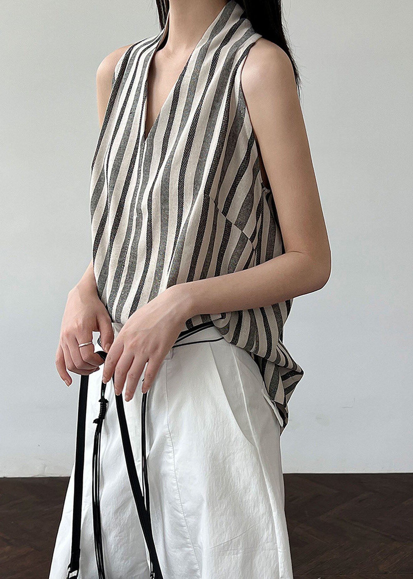 Women Black V Neck Striped Cotton Top Sleeveless