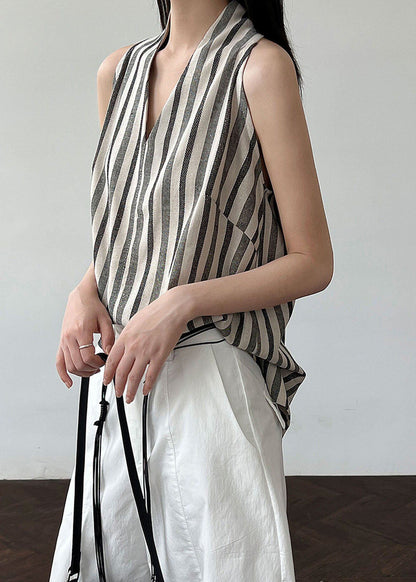 Women Black V Neck Striped Cotton Top Sleeveless