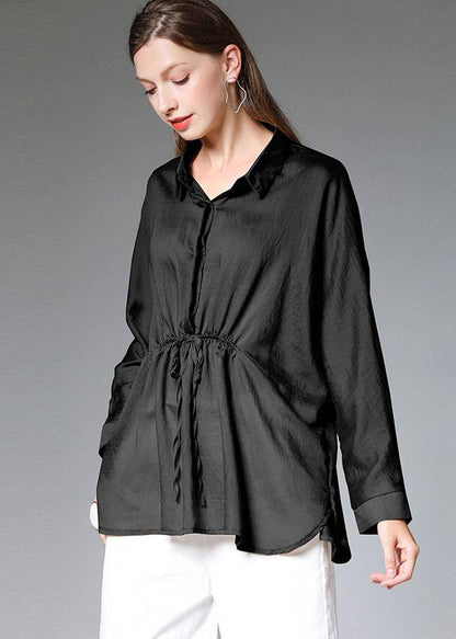 Women Black Wrinkled Tie Waist Fall Blouses Long Sleeve - SooLinen