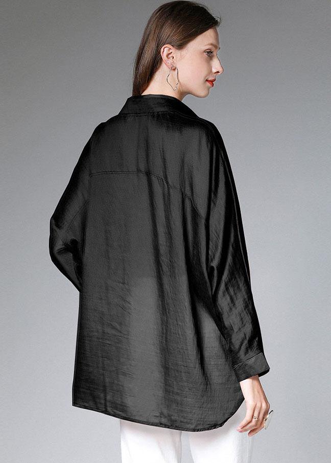 Women Black Wrinkled Tie Waist Fall Blouses Long Sleeve - SooLinen