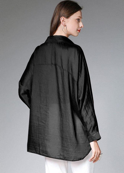 Women Black Wrinkled Tie Waist Fall Blouses Long Sleeve - SooLinen