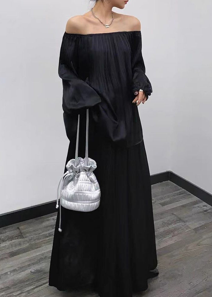 Frauen Schwarz Faltig Tops Und Röcke Baumwolle Zwei Stücke Set Langarm