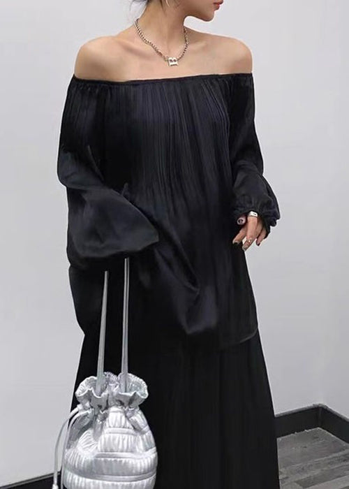 Frauen Schwarz Faltig Tops Und Röcke Baumwolle Zwei Stücke Set Langarm