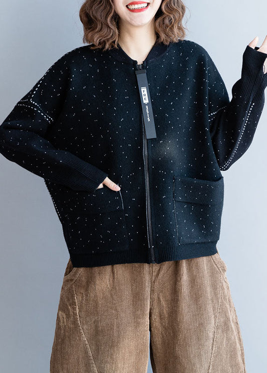Frauen Schwarz Zip Up Dot Woll Strickmantel Winter