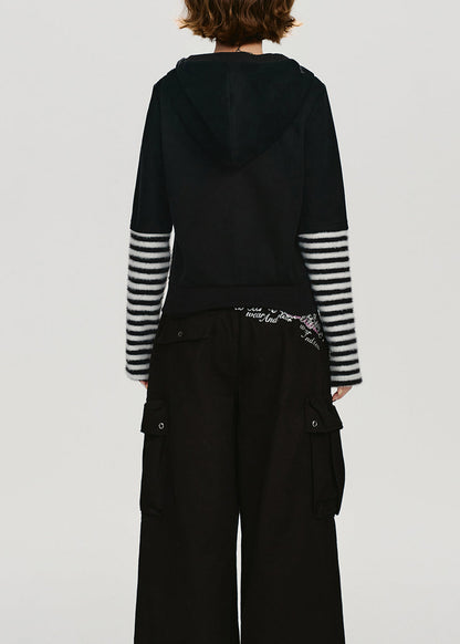 Women Black Zip Up Patchwork Cotton Hooded Coat Spring