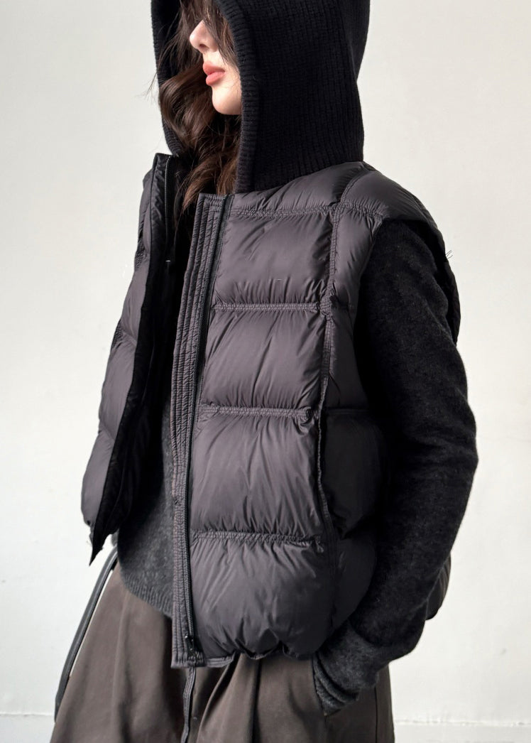 Women Black Zippered Pockets Knit Patchwork Duck Down Waistcoat Sleeveless