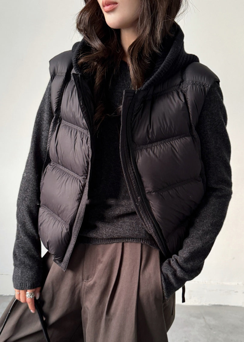 Women Black Zippered Pockets Knit Patchwork Duck Down Waistcoat Sleeveless