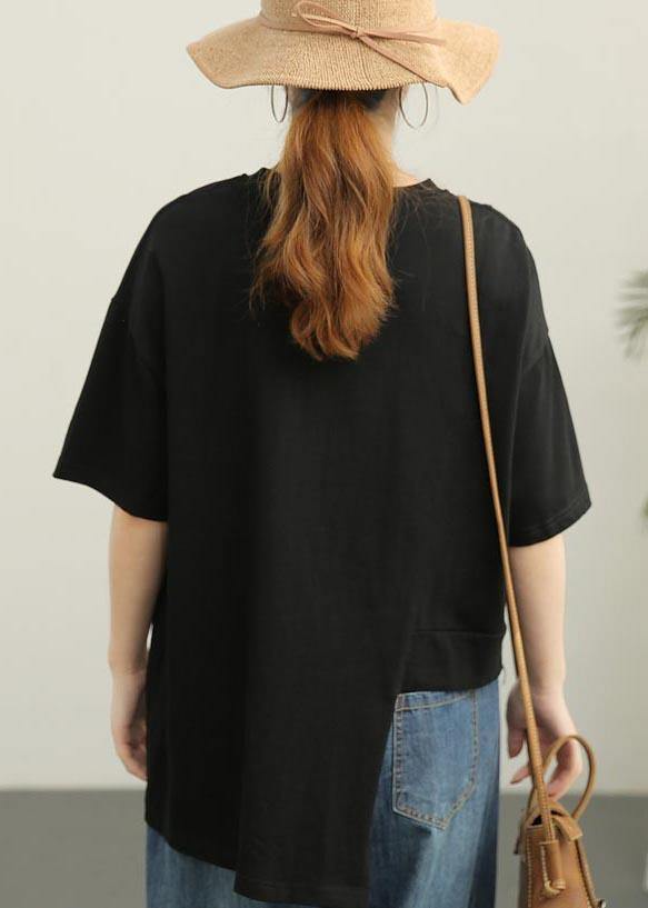 Women Black asymmetrical design Cotton Tee Summer - SooLinen