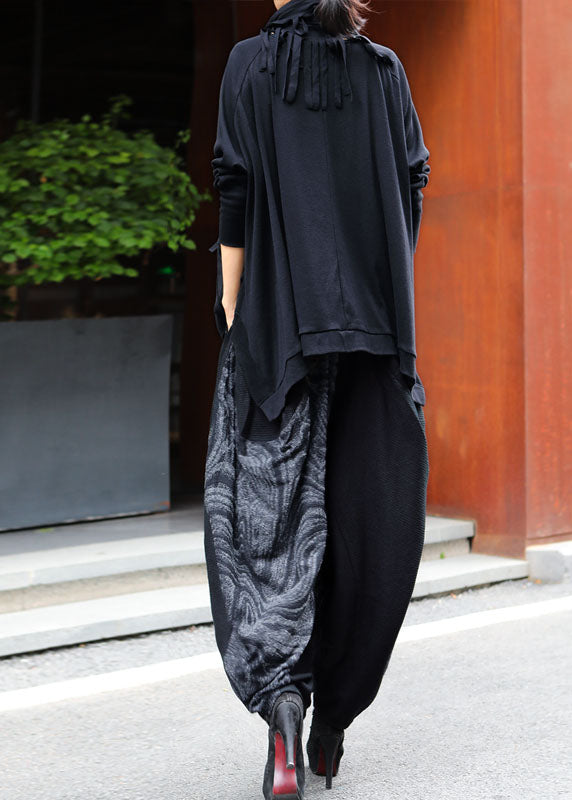 Frauen Schwarz asymmetrische design Patchwork mode Winter Zwei Stücke Set