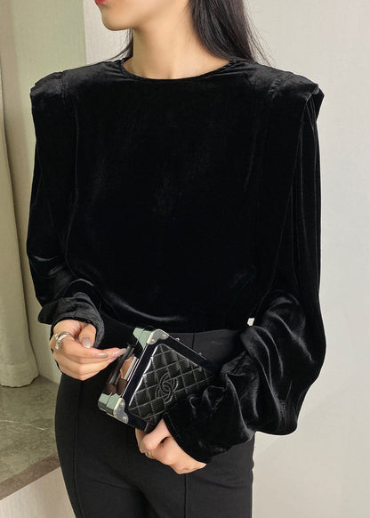 Frauen Schwarz taste O-Neck Seide Velour tops Lange Ärmel