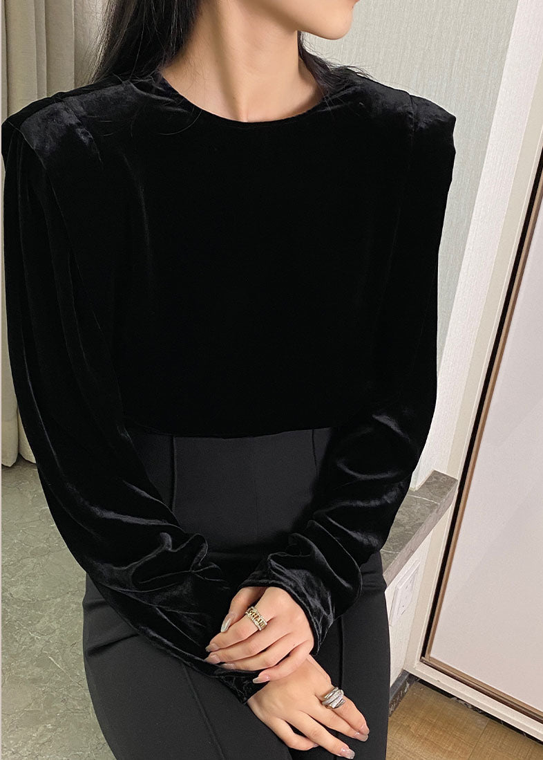 Frauen Schwarz taste O-Neck Seide Velour tops Lange Ärmel