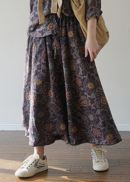 Women Black elastic waist drawstring Print Patchwork Cotton Skirt Spring