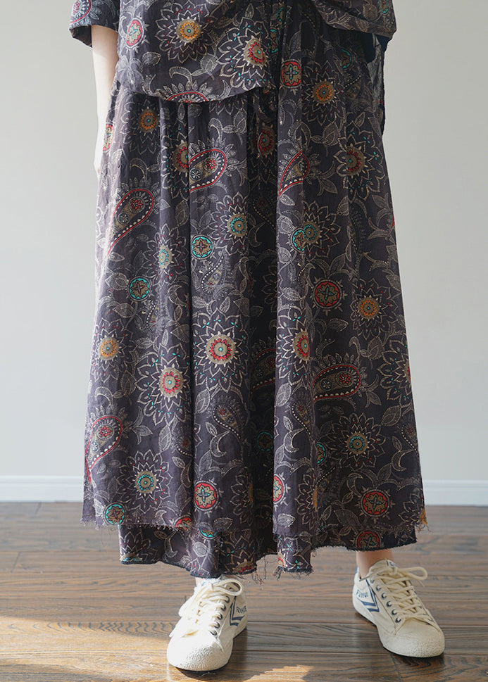 Women Black elastic waist drawstring Print Patchwork Cotton Skirt Spring