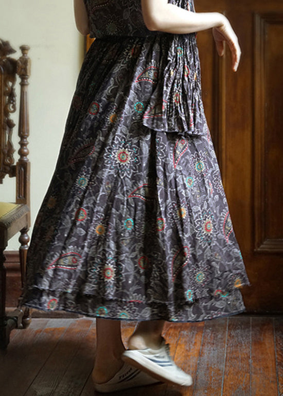 Women Black elastic waist drawstring Print Patchwork Cotton Skirt Spring