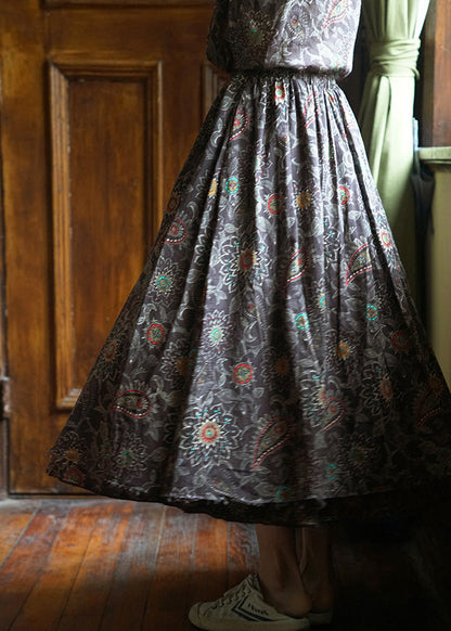 Women Black elastic waist drawstring Print Patchwork Cotton Skirt Spring