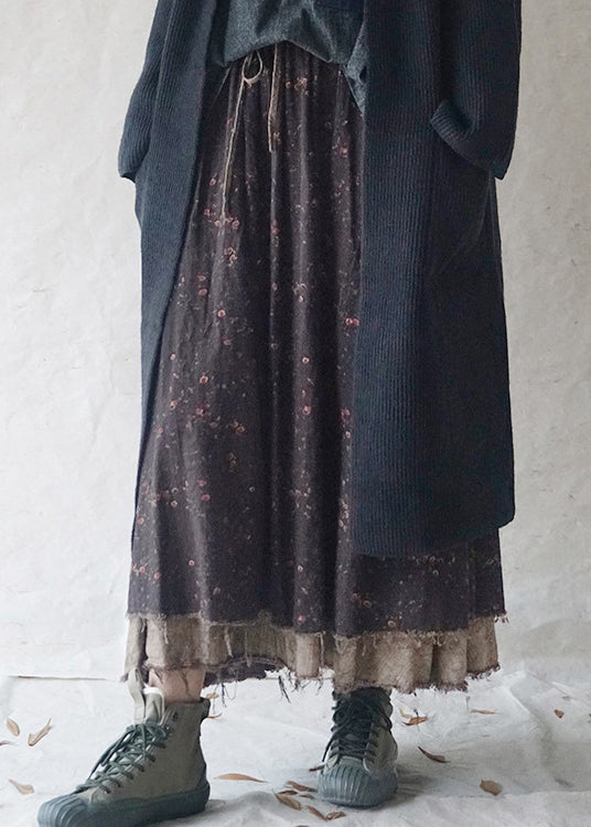 Women Black elastic waist drawstring print A Line Skirt Spring