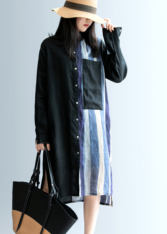 Frauen Schwarz low high design Gestreiften Leinen lange Hemd Frühling