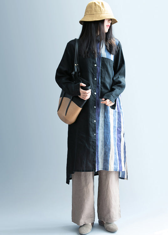 Frauen Schwarz low high design Gestreiften Leinen lange Hemd Frühling