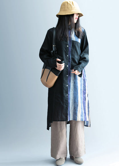 Frauen Schwarz low high design Gestreiften Leinen lange Hemd Frühling