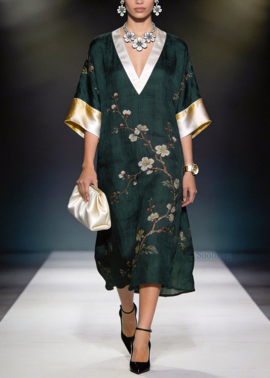 Women Blackish Green V Neck Print Patchwork Linen Silk Dress Summer