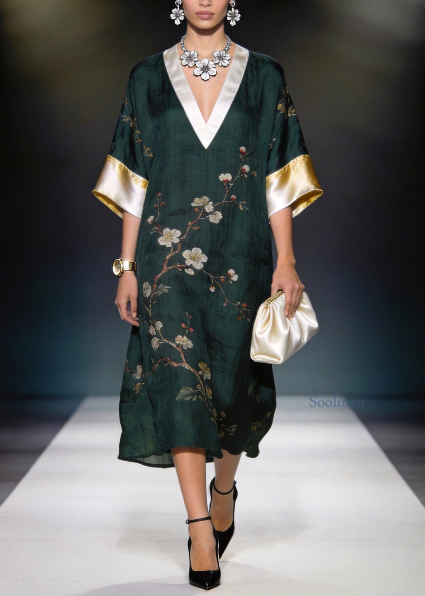 Women Blackish Green V Neck Print Patchwork Linen Silk Dress Summer